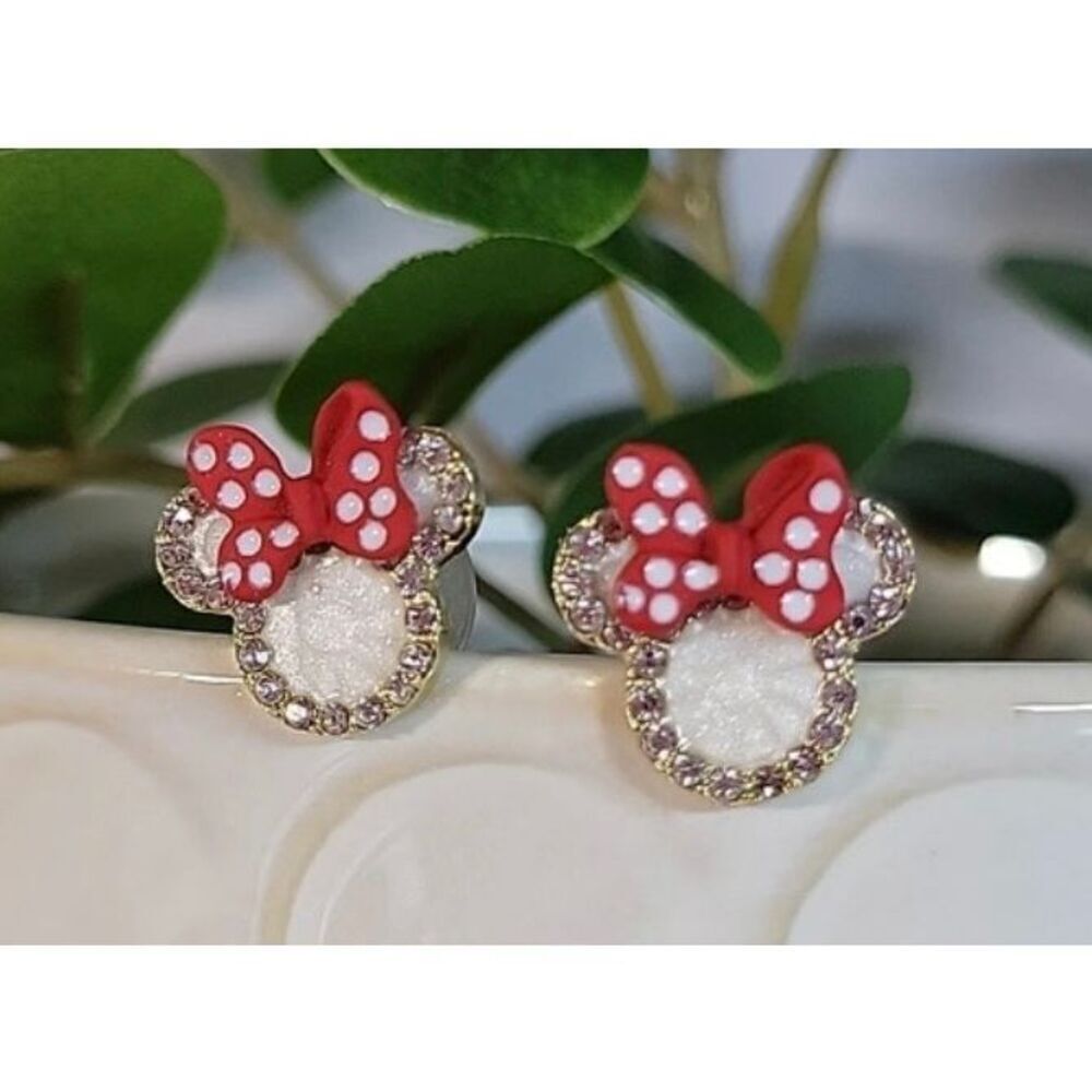 NWT 18K Silver Plated Minnie Mouse Red Bow Shiny Rhinestone Stud Earrings